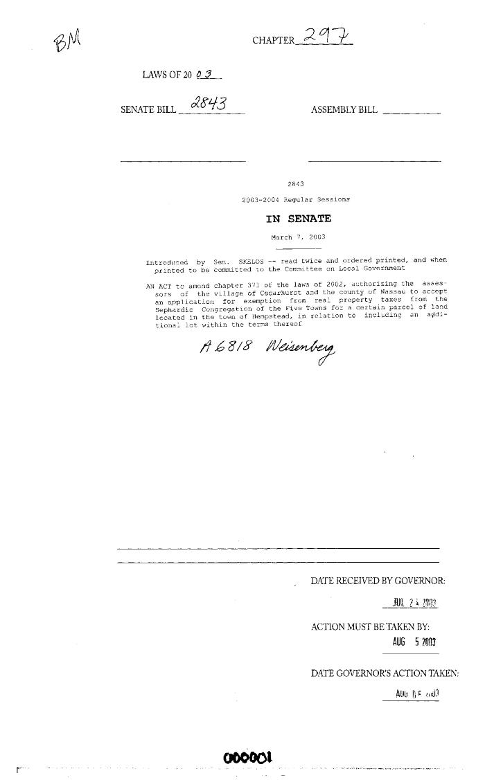 NYS Bill and Veto Jackets: 2003, Chapter 297