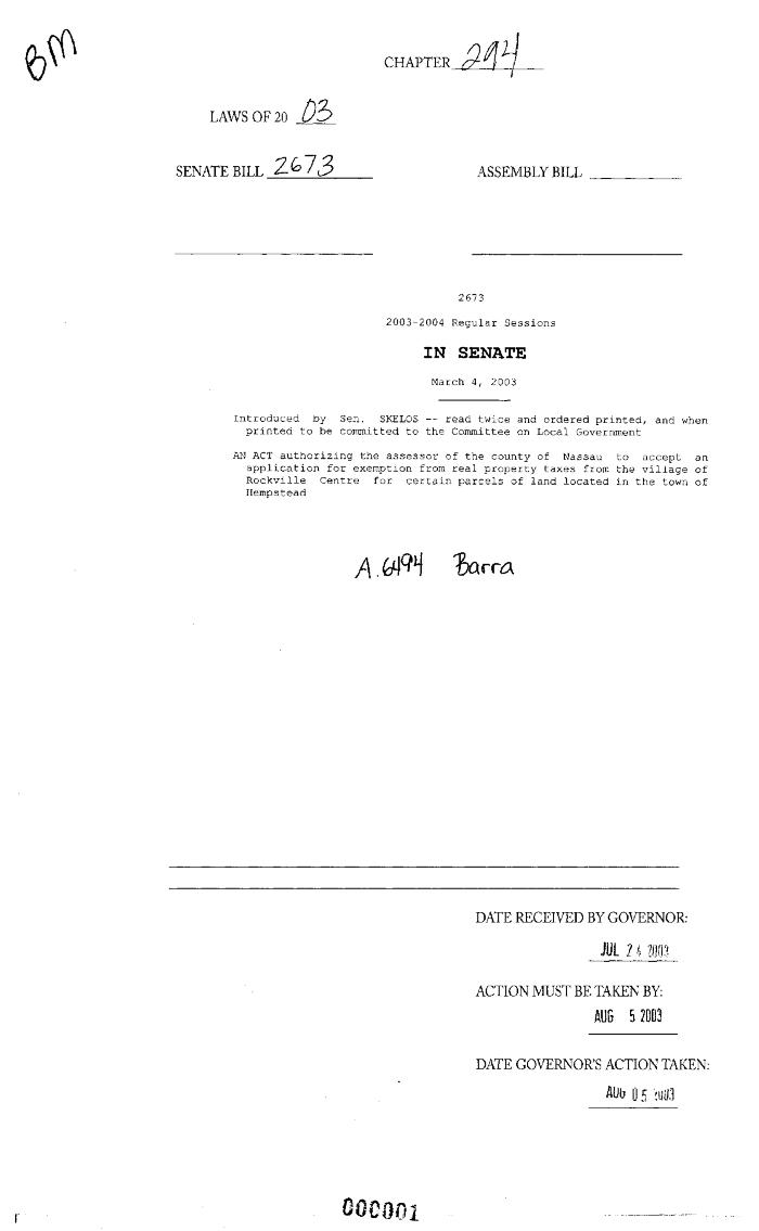 NYS Bill and Veto Jackets: 2003, Chapter 294