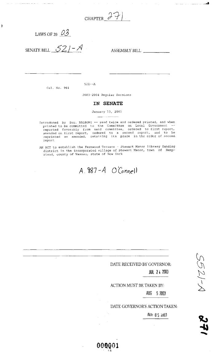 NYS Bill and Veto Jackets: 2003, Chapter 271