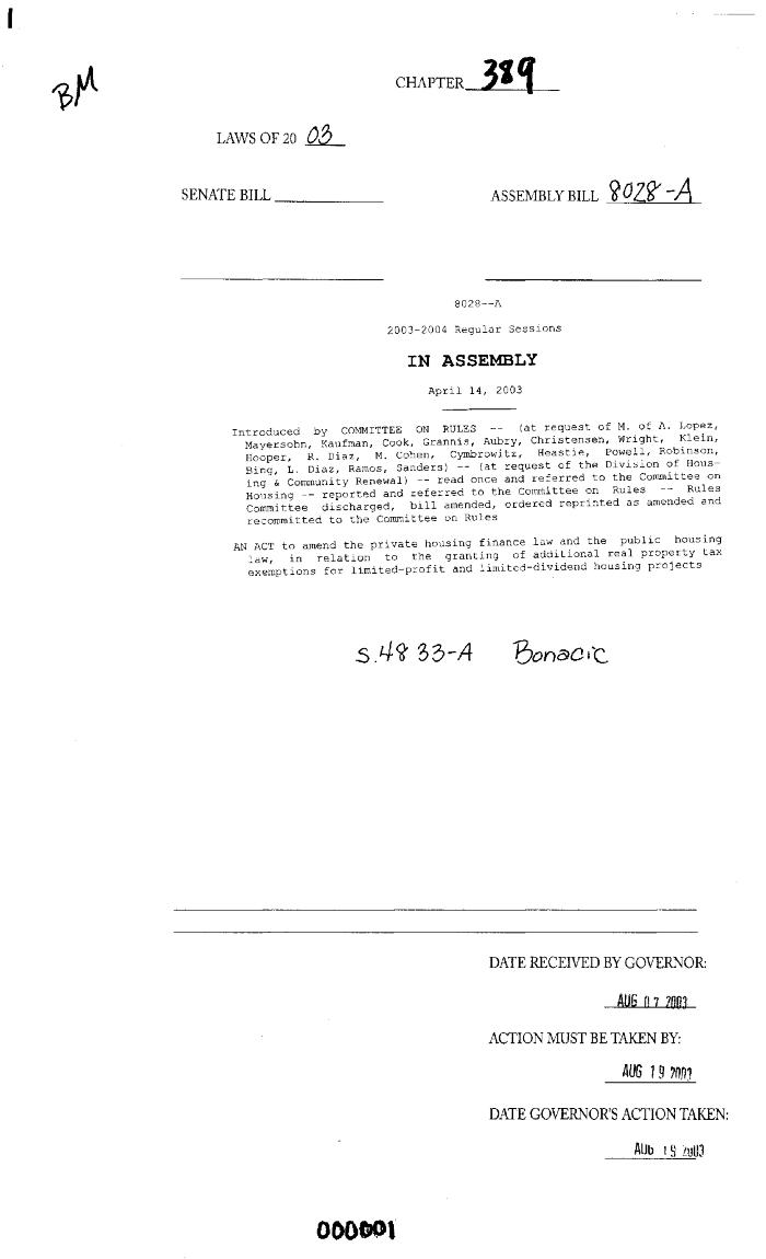 NYS Bill and Veto Jackets: 2003, Chapter 389