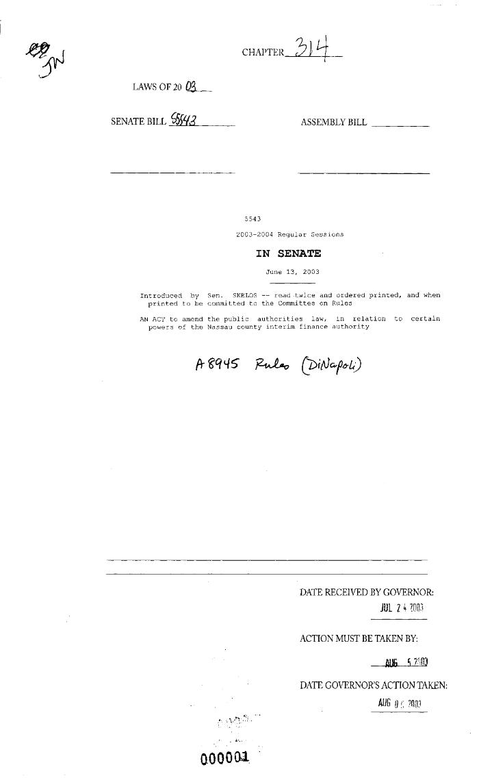 NYS Bill and Veto Jackets: 2003, Chapter 314