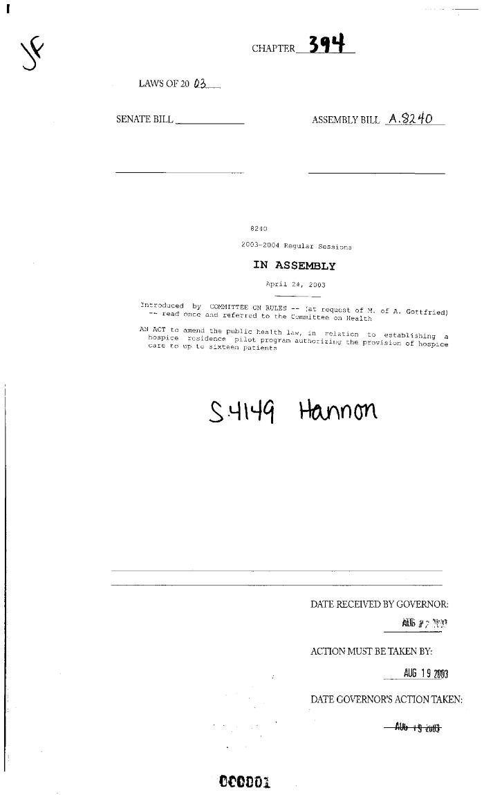 NYS Bill and Veto Jackets: 2003, Chapter 394