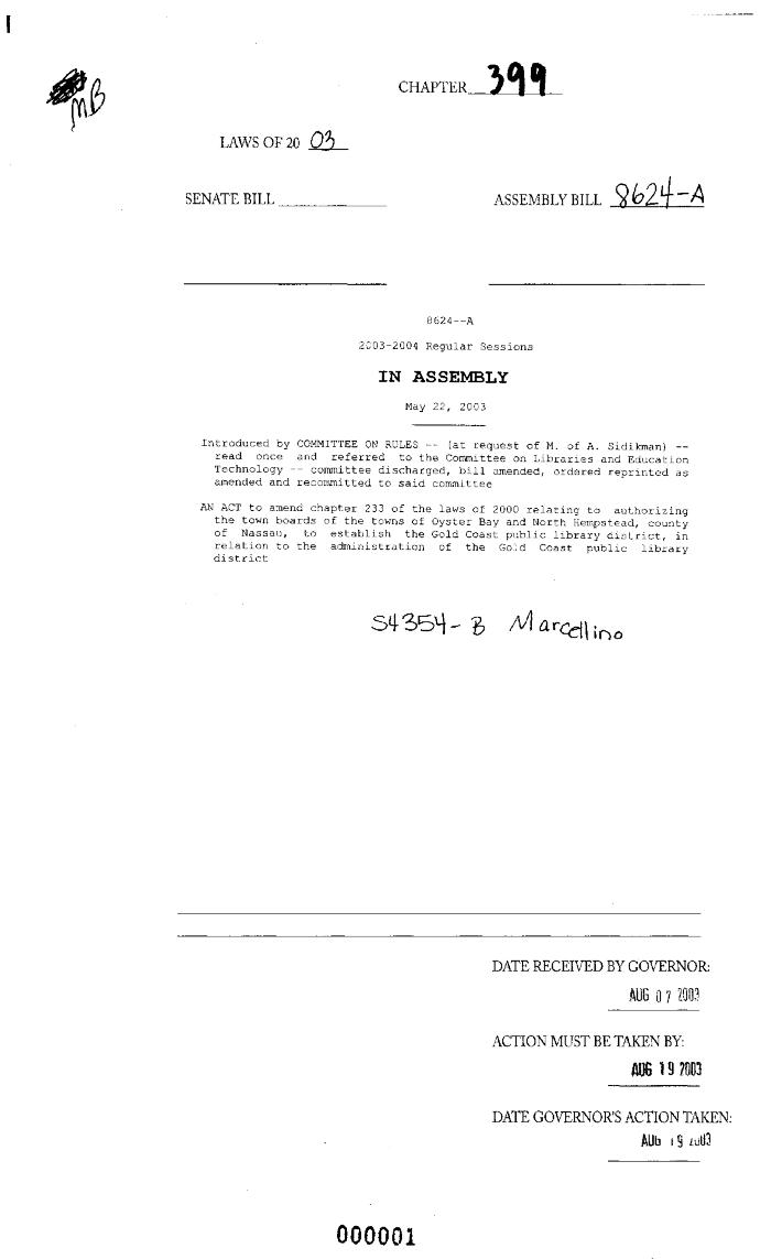 NYS Bill and Veto Jackets: 2003, Chapter 399