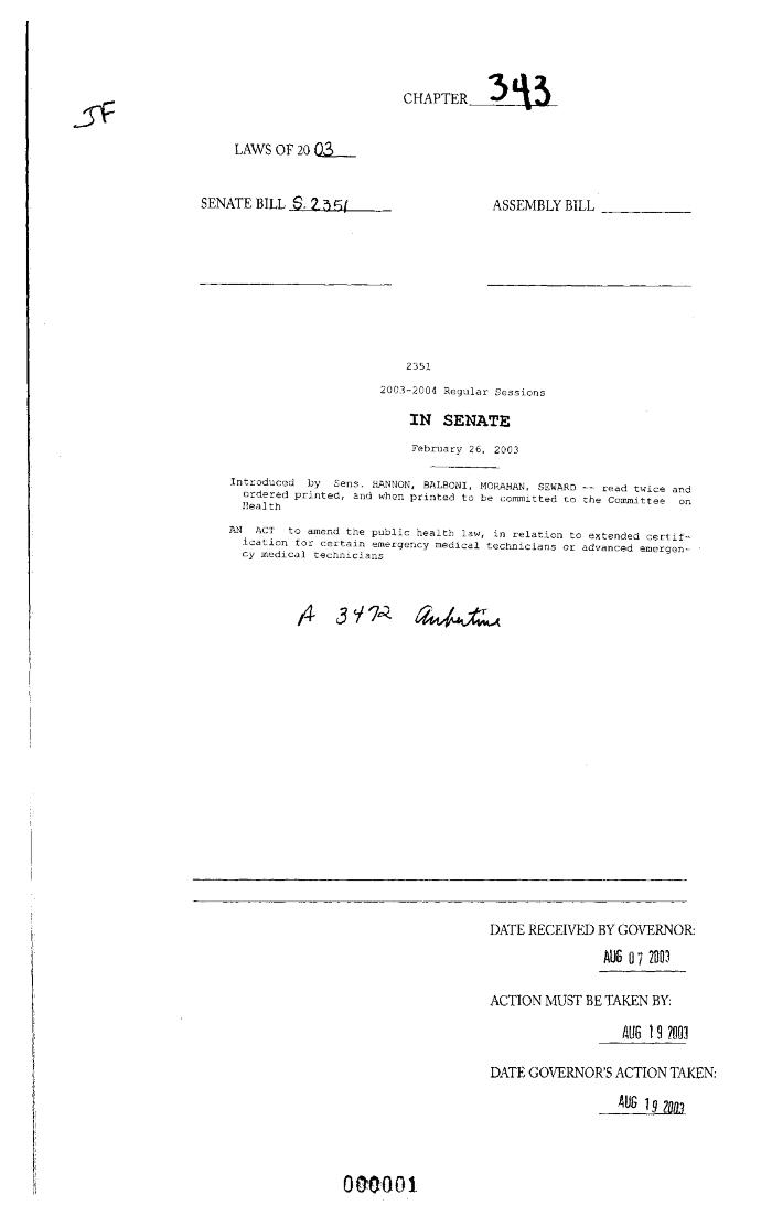 NYS Bill and Veto Jackets: 2003, Chapter 343