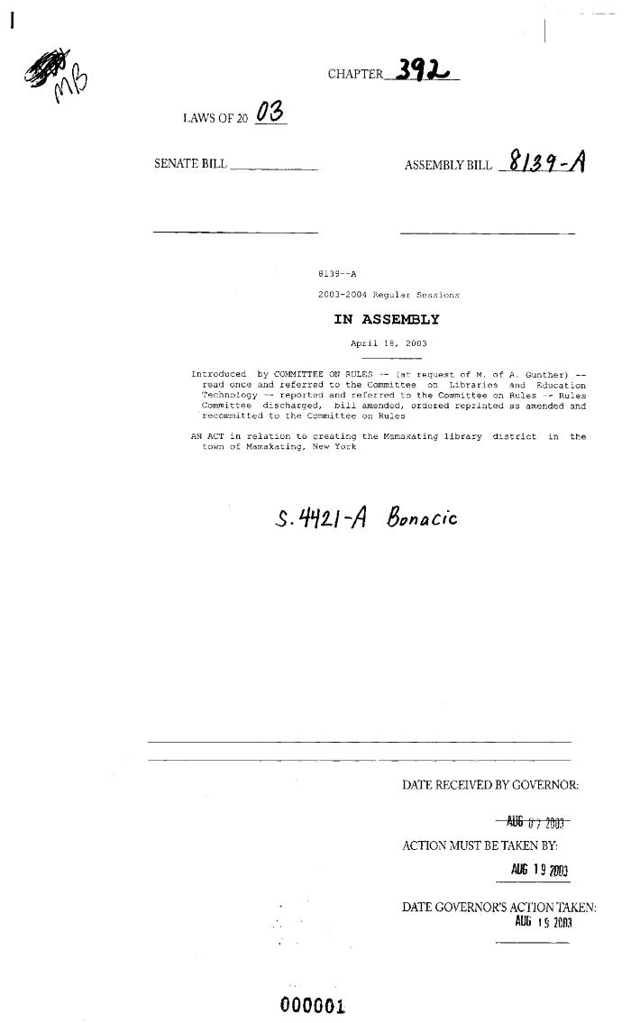NYS Bill and Veto Jackets: 2003, Chapter 392