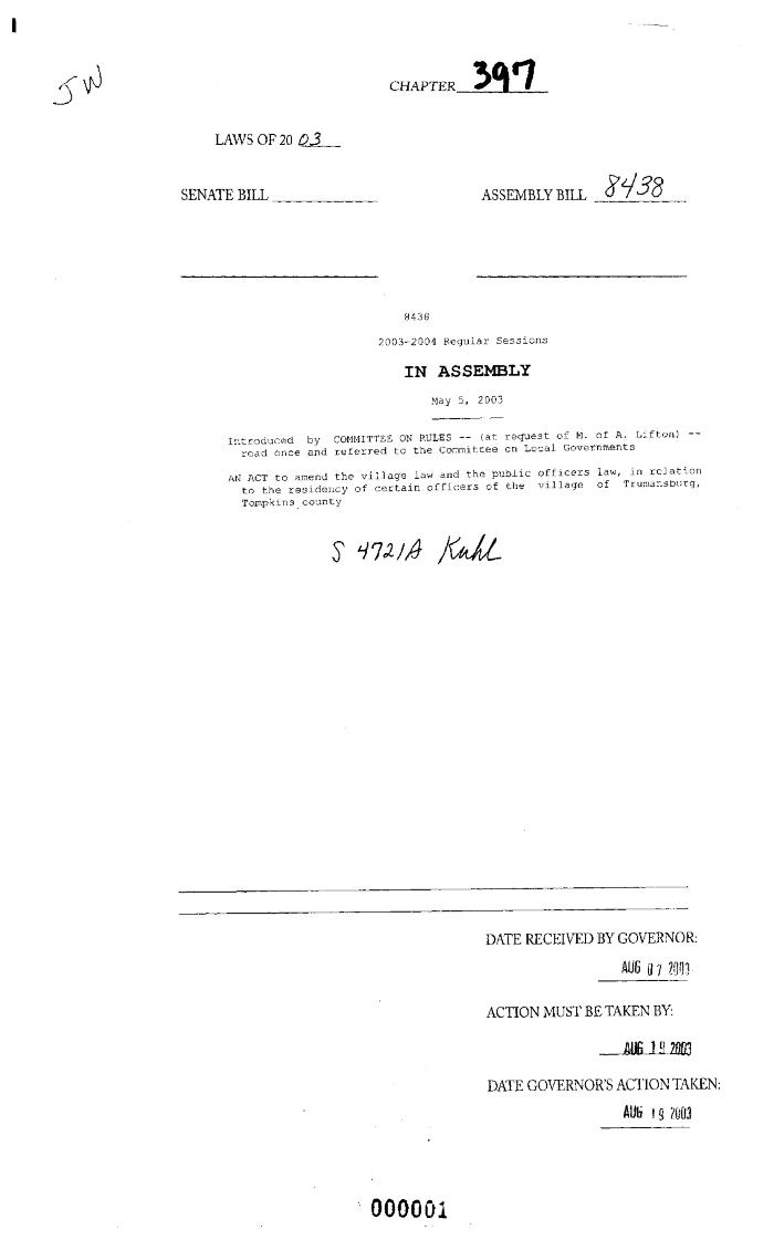 NYS Bill and Veto Jackets: 2003, Chapter 397