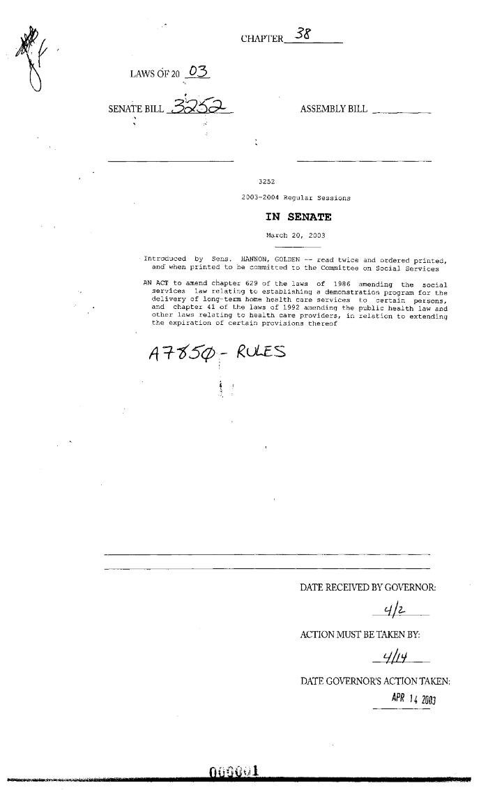 NYS Bill and Veto Jackets: 2003, Chapter 38