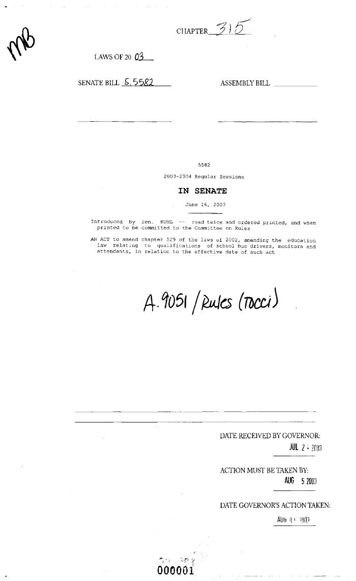 NYS Bill and Veto Jackets: 2003, Chapter 315