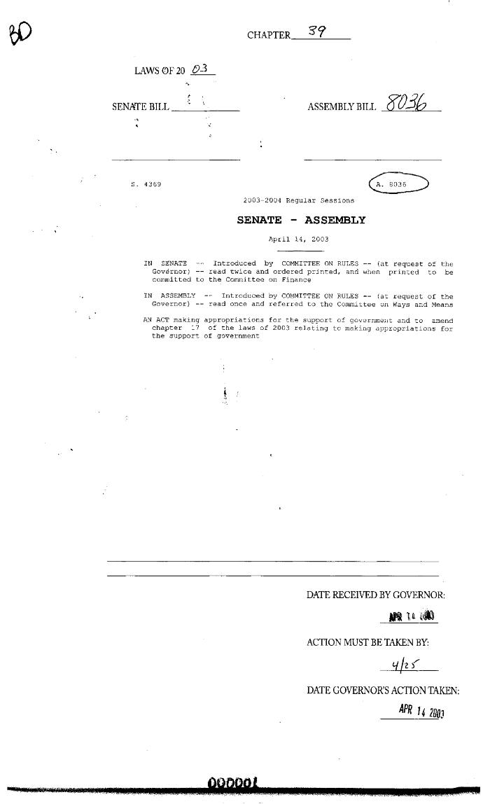 NYS Bill and Veto Jackets: 2003, Chapter 39