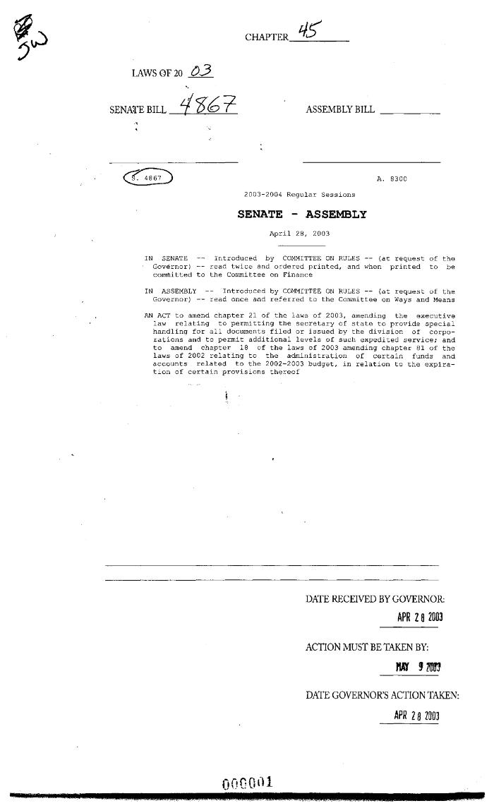 NYS Bill and Veto Jackets: 2003, Chapter 45