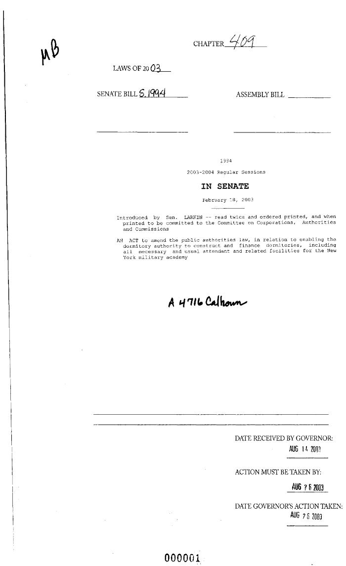 NYS Bill and Veto Jackets: 2003, Chapter 409