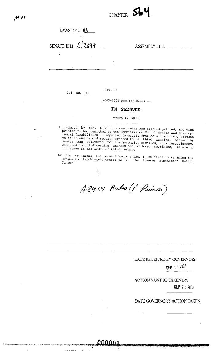 NYS Bill and Veto Jackets: 2003, Chapter 564