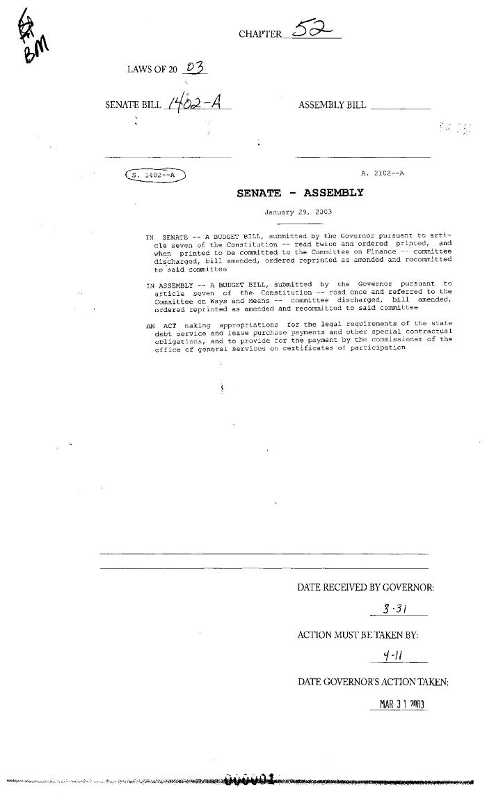 NYS Bill and Veto Jackets: 2003, Chapter 52