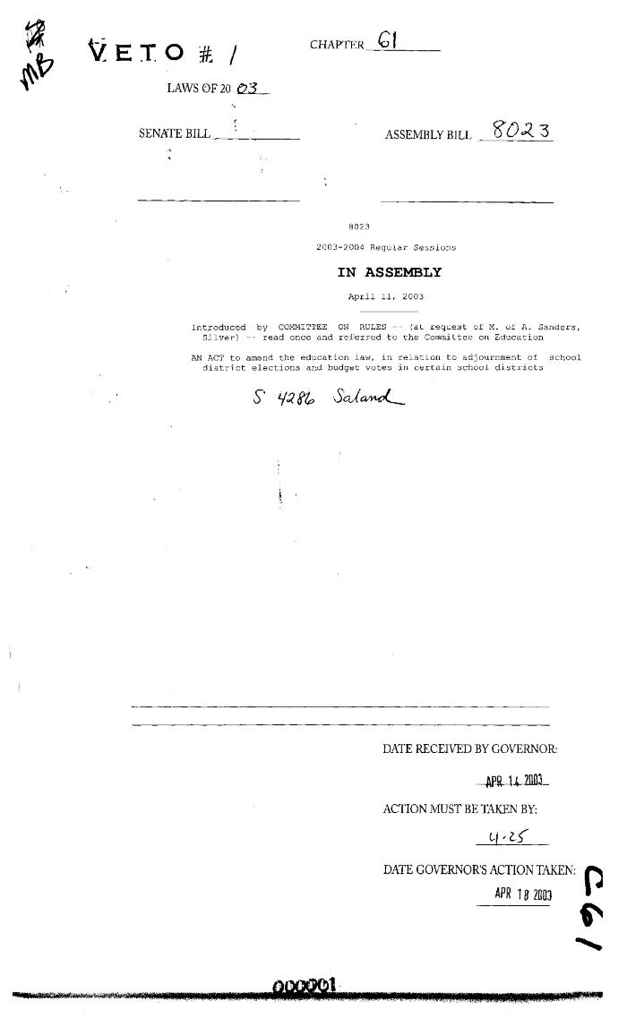 NYS Bill and Veto Jackets: 2003, Chapter 61