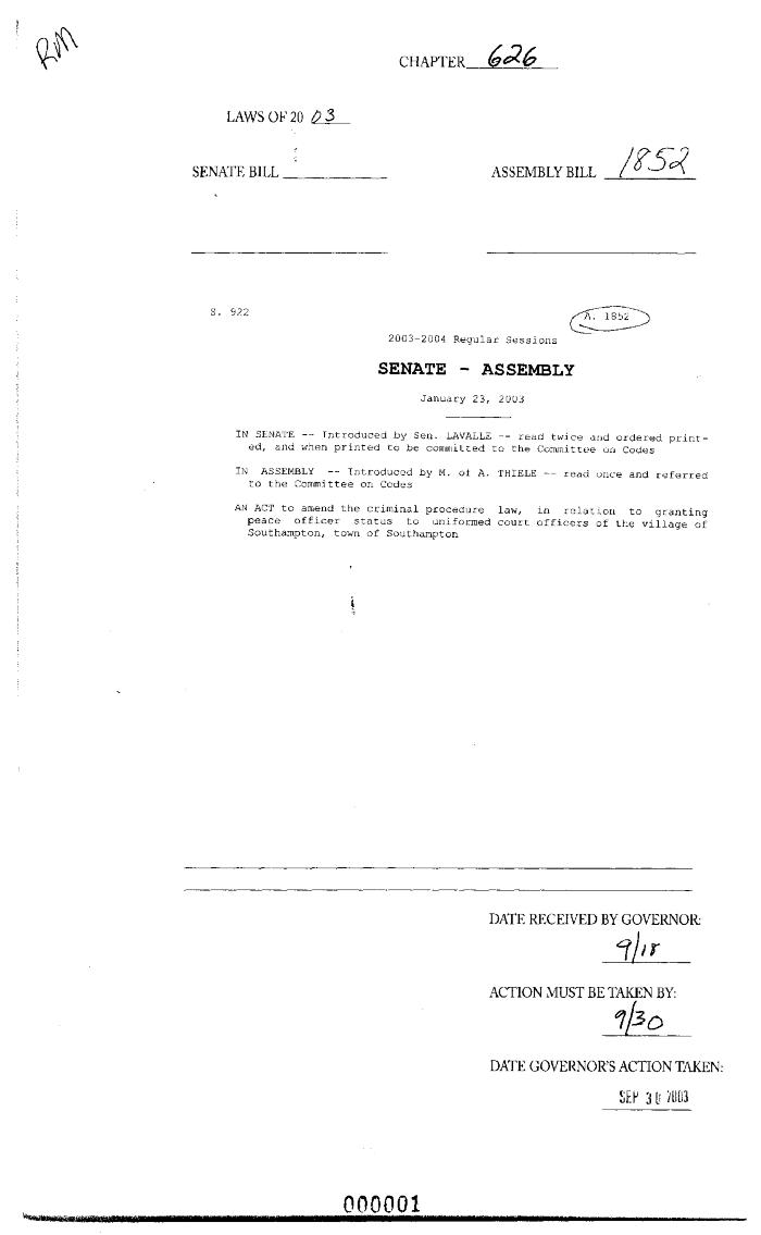 NYS Bill and Veto Jackets: 2003, Chapter 626