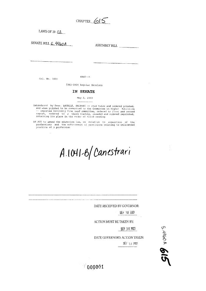 NYS Bill and Veto Jackets: 2003, Chapter 615