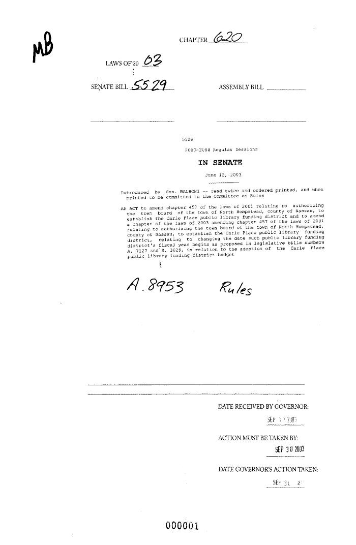 NYS Bill and Veto Jackets: 2003, Chapter 620