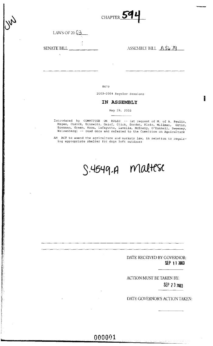 NYS Bill and Veto Jackets: 2003, Chapter 594