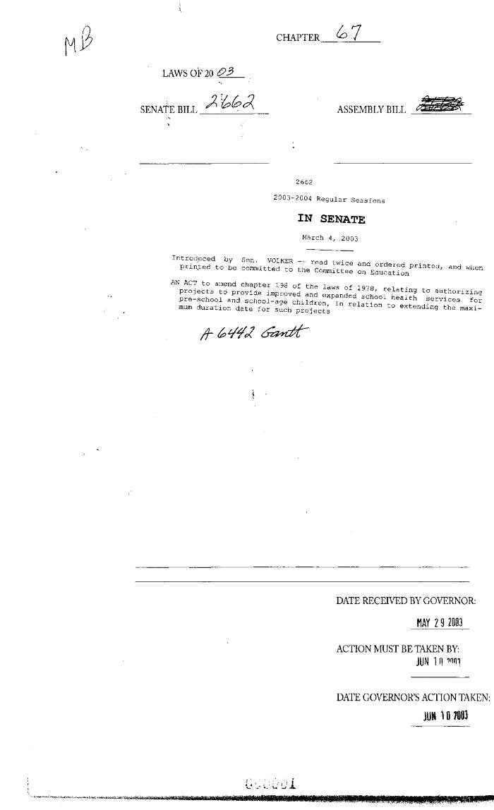 NYS Bill and Veto Jackets: 2003, Chapter 67
