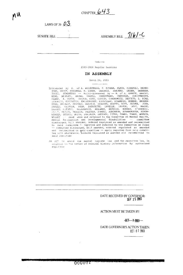 NYS Bill and Veto Jackets: 2003, Chapter 643