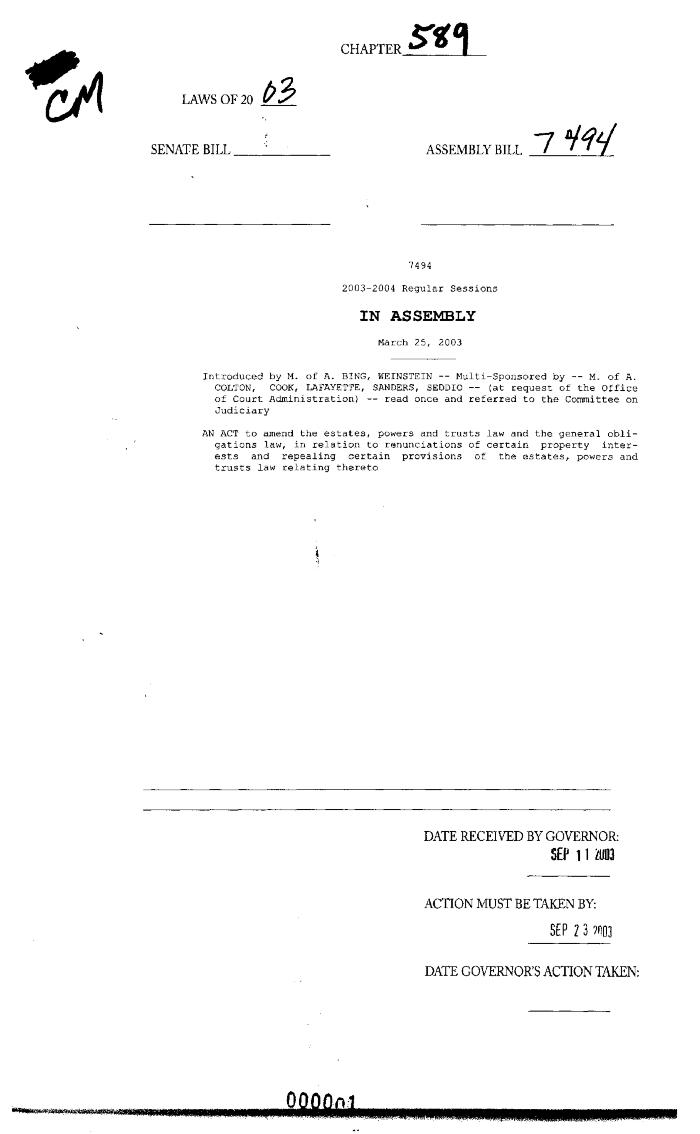 NYS Bill and Veto Jackets: 2003, Chapter 589