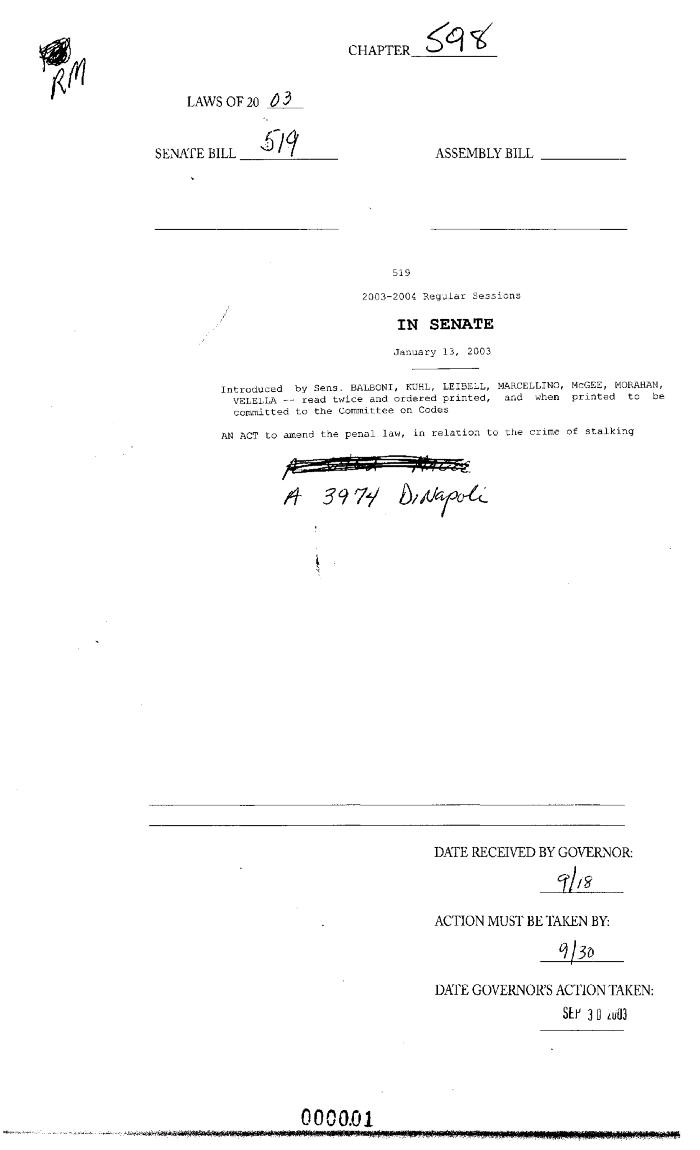 NYS Bill and Veto Jackets: 2003, Chapter 598