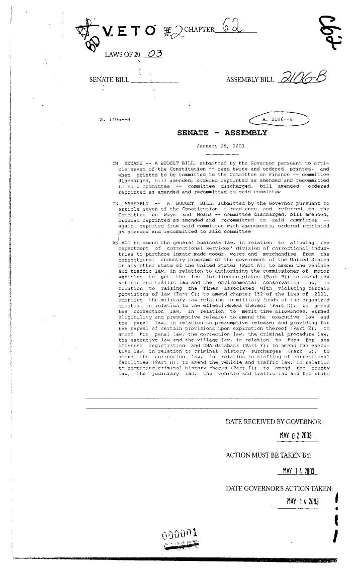 NYS Bill and Veto Jackets: 2003, Chapter 62