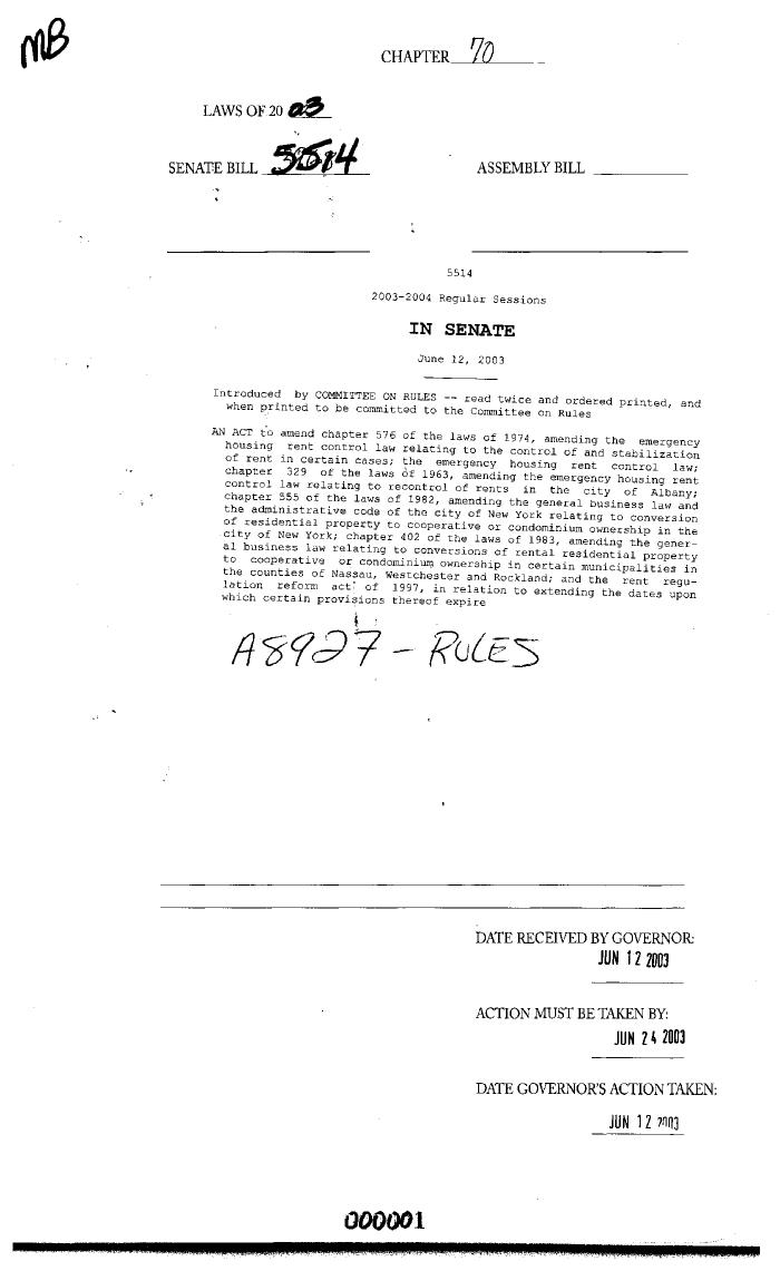 NYS Bill and Veto Jackets: 2003, Chapter 70