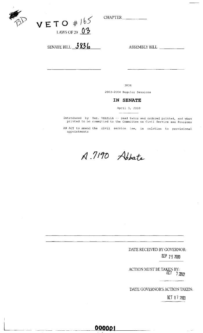NYS Bill and Veto Jackets: 2003, Veto 165