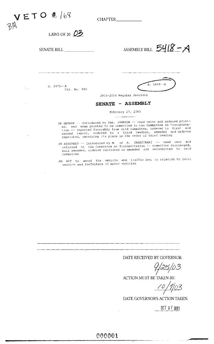 NYS Bill and Veto Jackets: 2003, Veto 168