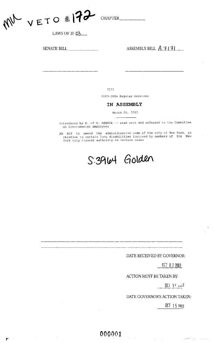 NYS Bill and Veto Jackets: 2003, Veto 172