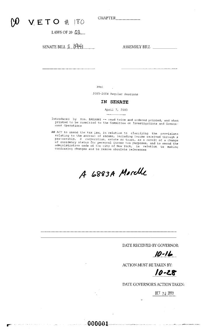 NYS Bill and Veto Jackets: 2003, Veto 180