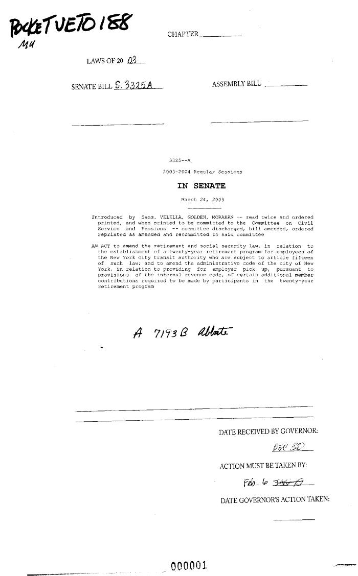 NYS Bill and Veto Jackets: 2003, Veto 188