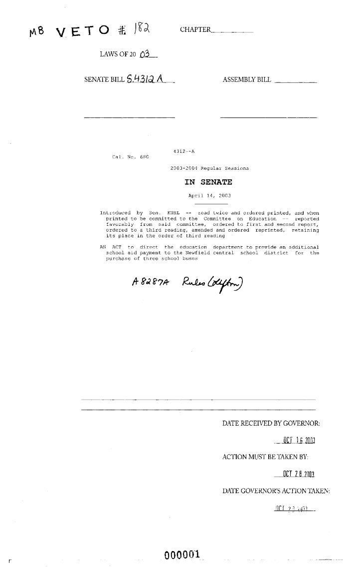 NYS Bill and Veto Jackets: 2003, Veto 182