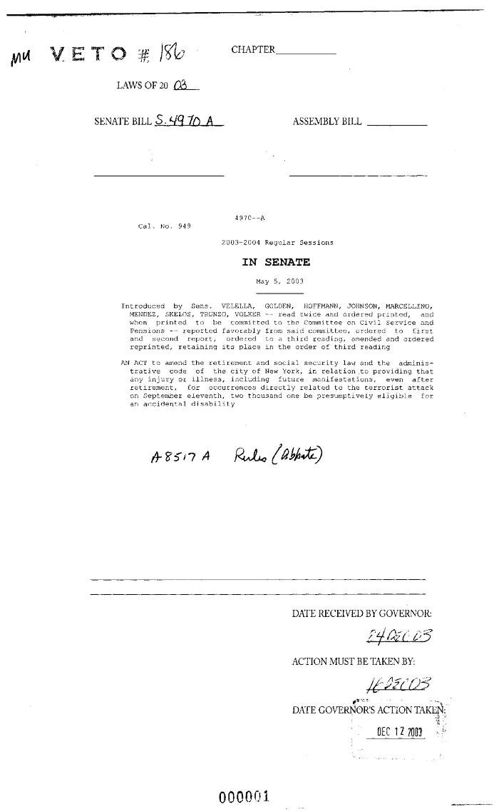 NYS Bill and Veto Jackets: 2003, Veto 186