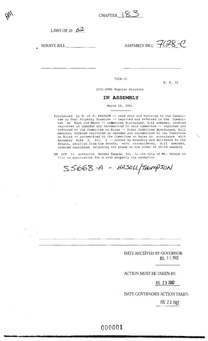 NYS Bill and Veto Jackets: 2002, Chapter 183