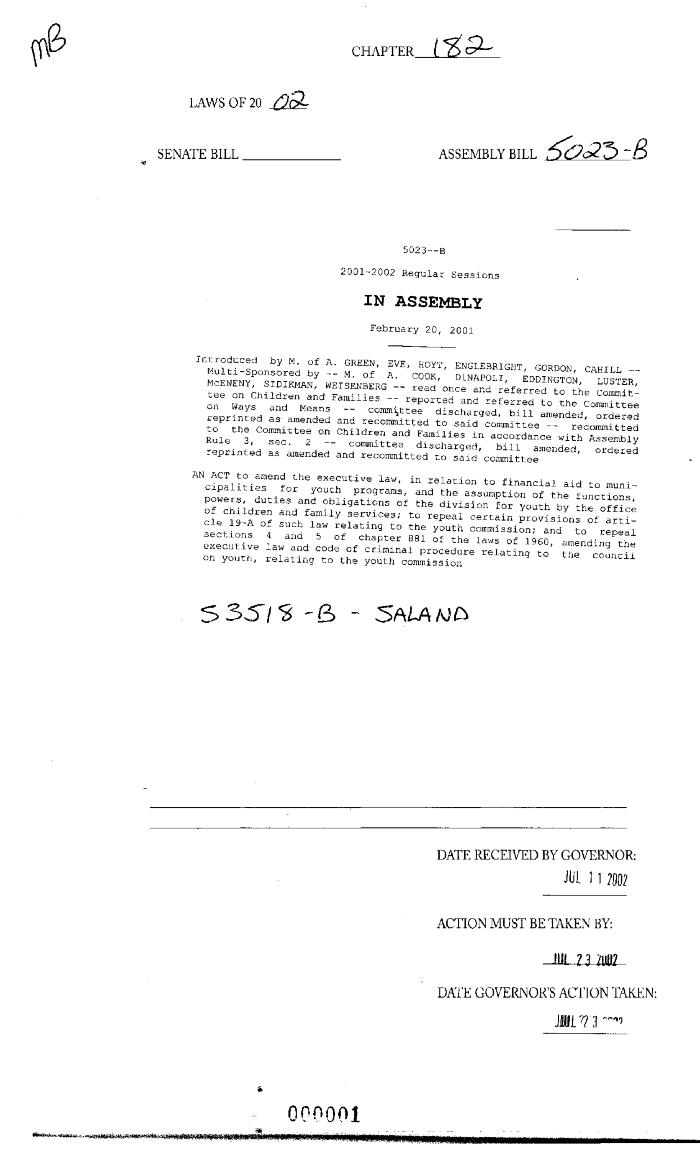 NYS Bill and Veto Jackets: 2002, Chapter 182