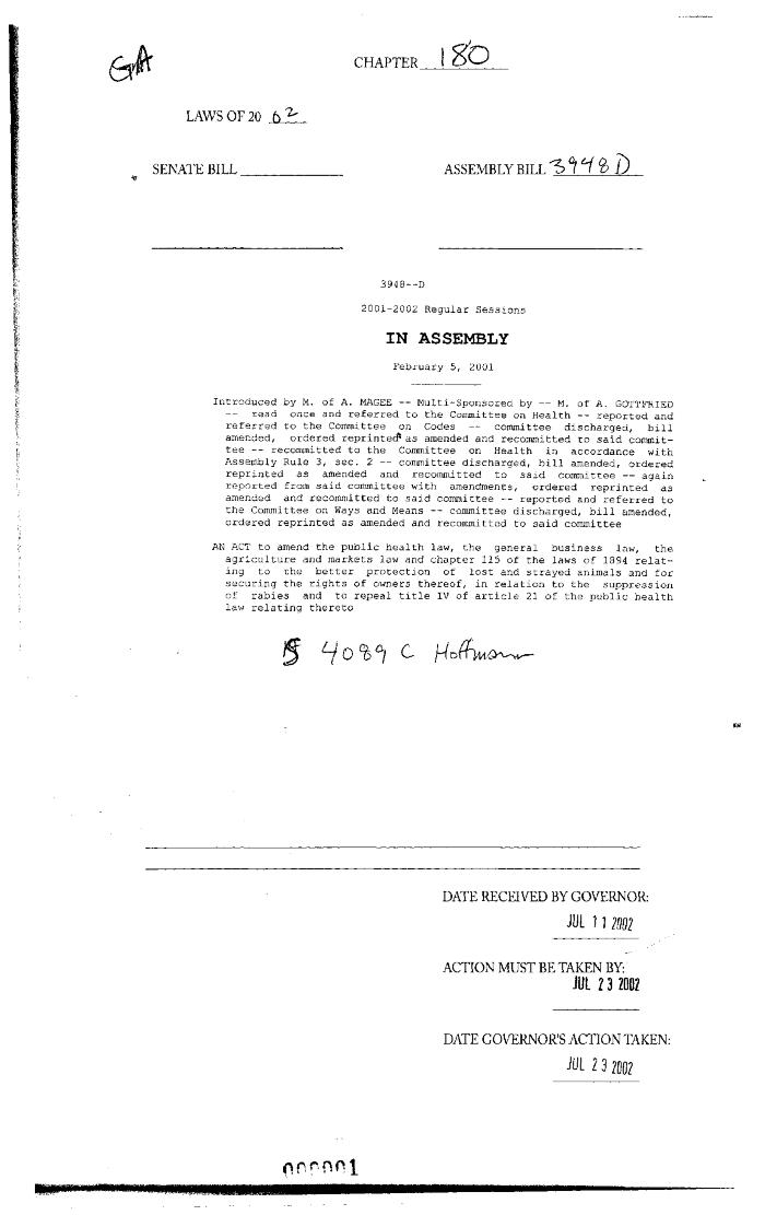 NYS Bill and Veto Jackets: 2002, Chapter 180