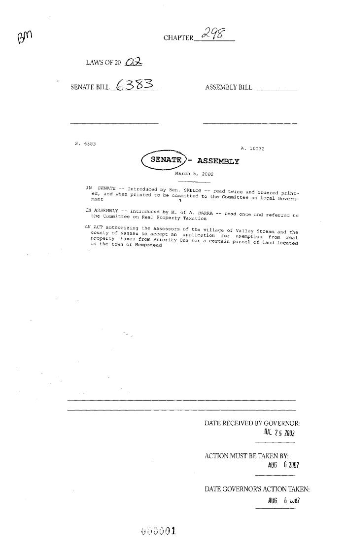 NYS Bill and Veto Jackets: 2002, Chapter 298