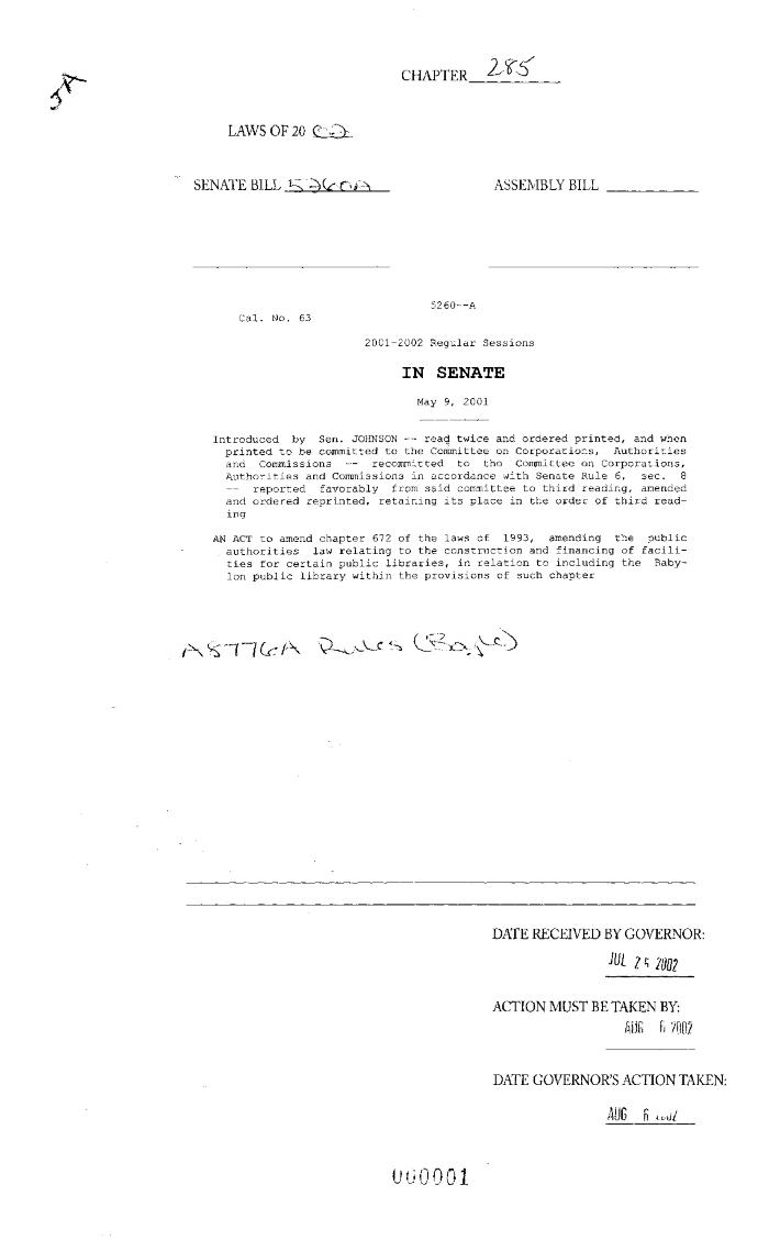 NYS Bill and Veto Jackets: 2002, Chapter 285