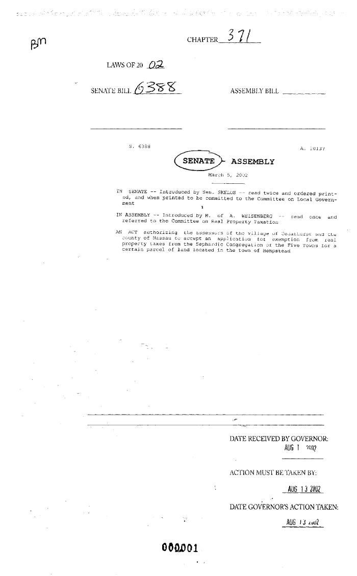 NYS Bill and Veto Jackets: 2002, Chapter 371
