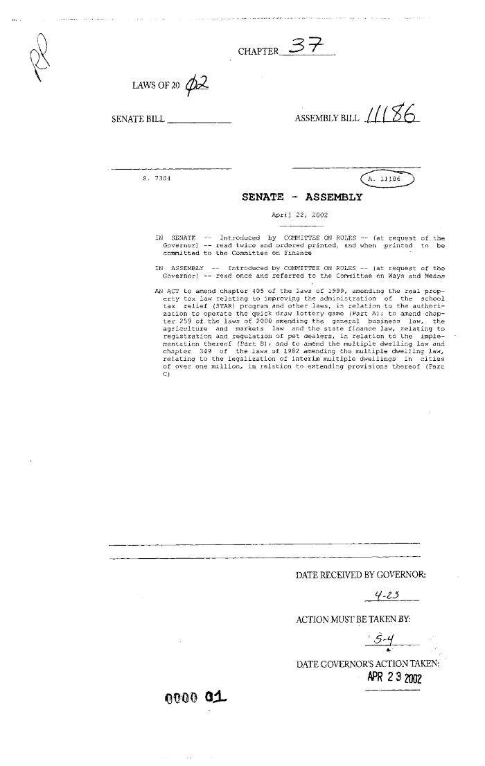 NYS Bill and Veto Jackets: 2002, Chapter 37