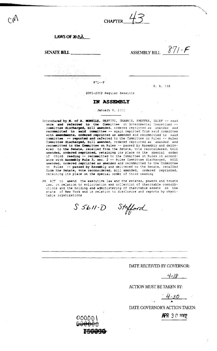 NYS Bill and Veto Jackets: 2002, Chapter 43
