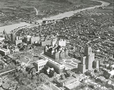 Aerial View South from State Buildings to Hudson River and Port of Albany at Albany, New York