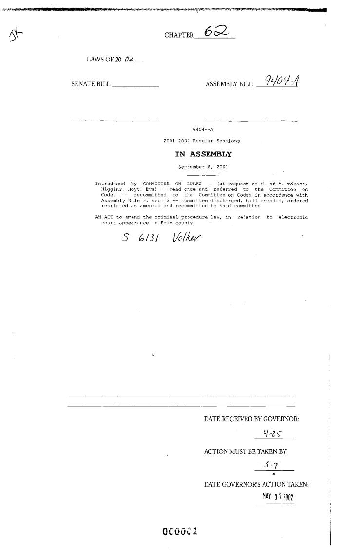 NYS Bill and Veto Jackets: 2002, Chapter 62