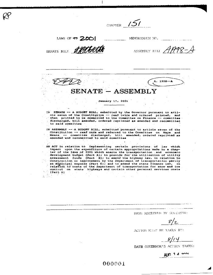 NYS Bill and Veto Jackets: 2001, Chapter 151