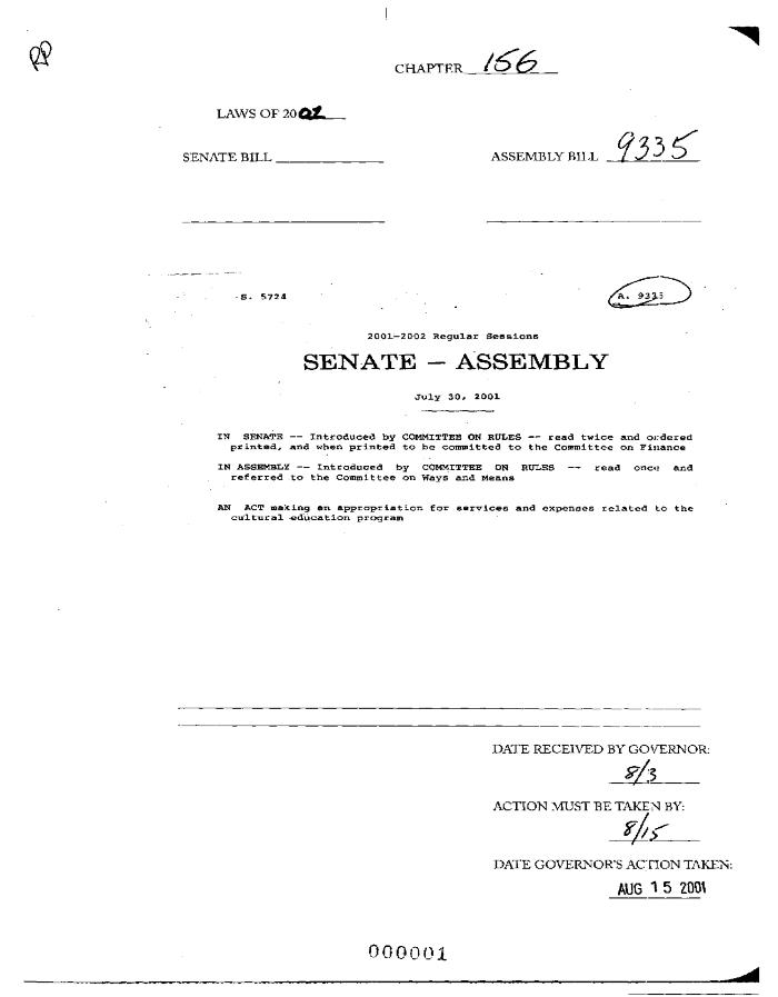 NYS Bill and Veto Jackets: 2001, Chapter 156