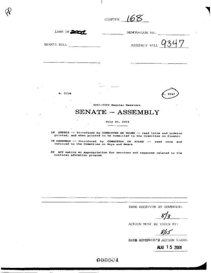 NYS Bill and Veto Jackets: 2001, Chapter 168