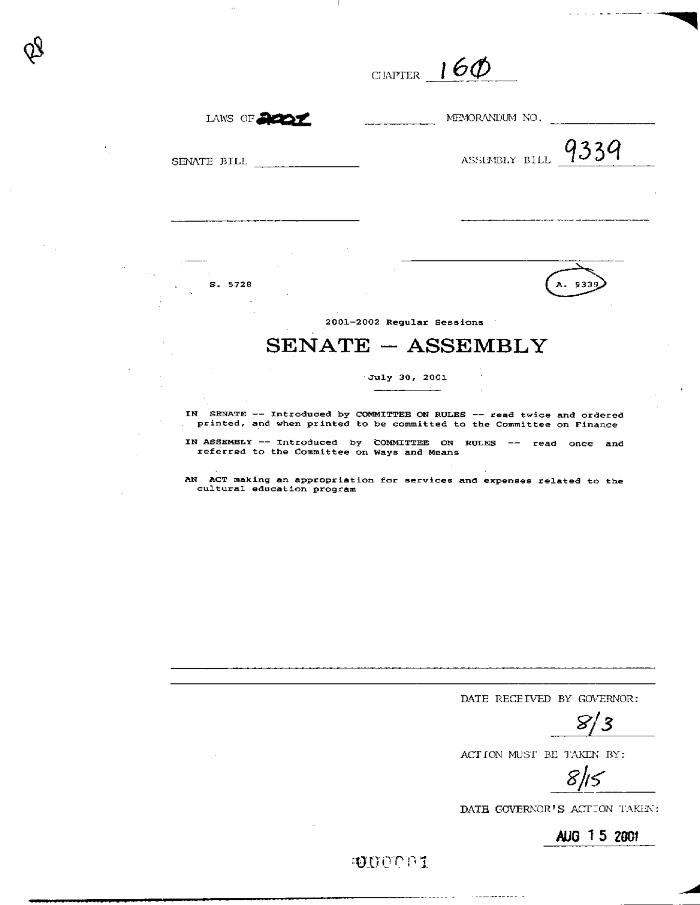 NYS Bill and Veto Jackets: 2001, Chapter 160