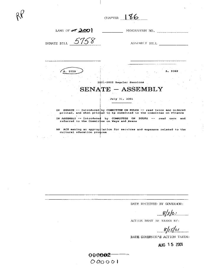 NYS Bill and Veto Jackets: 2001, Chapter 186